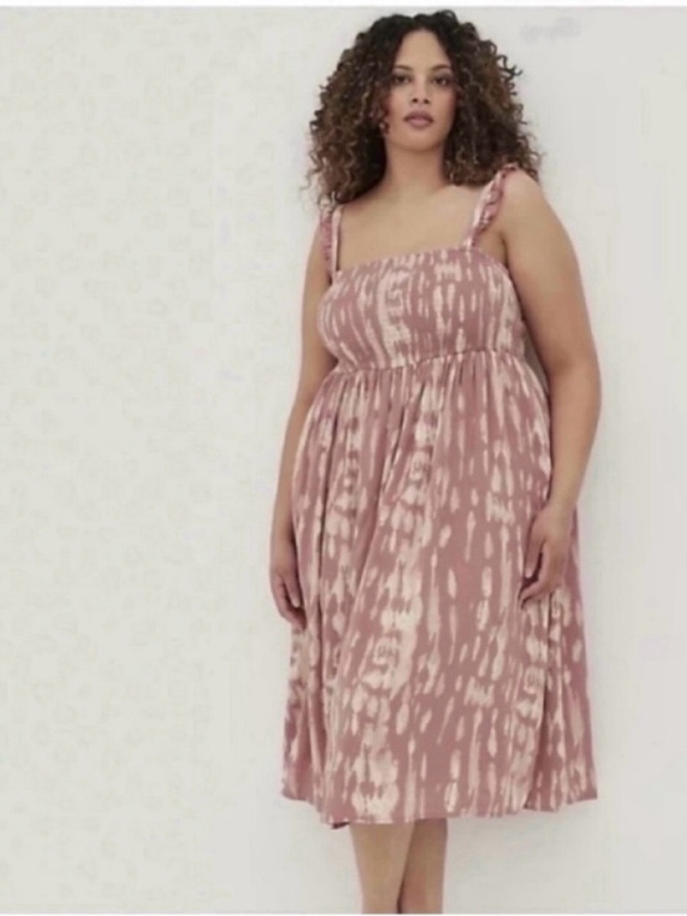 🩷 NWT! TORRID Ruffle Strap Midi Dress Challis Tie-Dye Rose - Size 2X